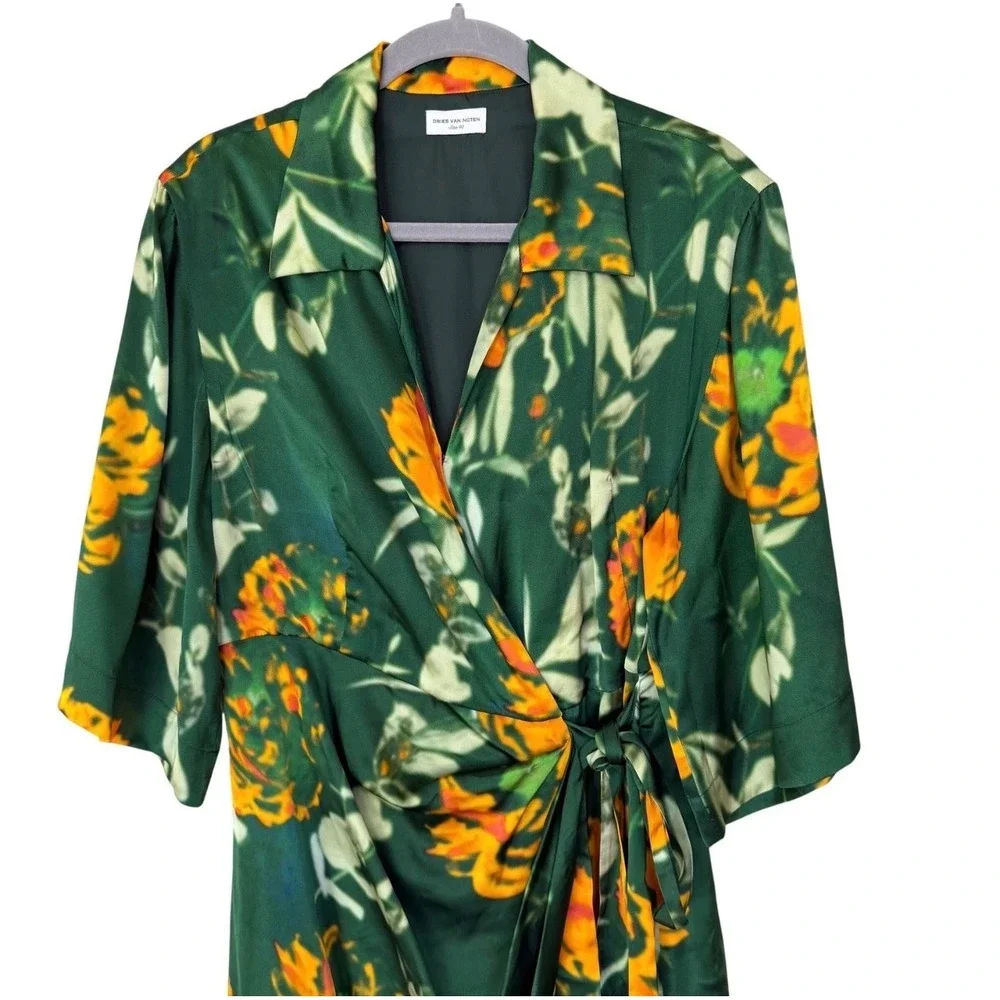 Dries Van Noten Dakola Printed Wrap Midi Dress Size 40 (US8) Green Floral Print - Picture 4 of 10